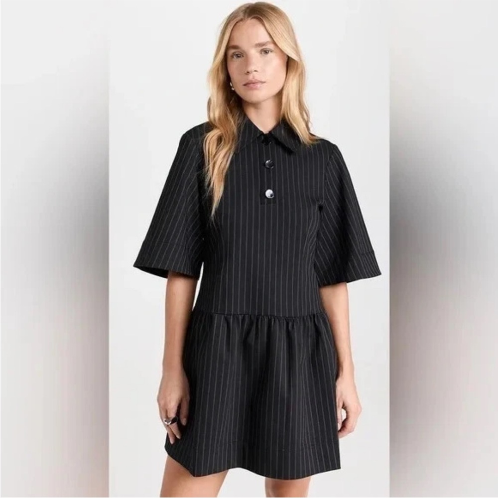 GANNI Short Sleeve Black Pinstripe Stretch Mini Shirt Dress Size 36 - US 4